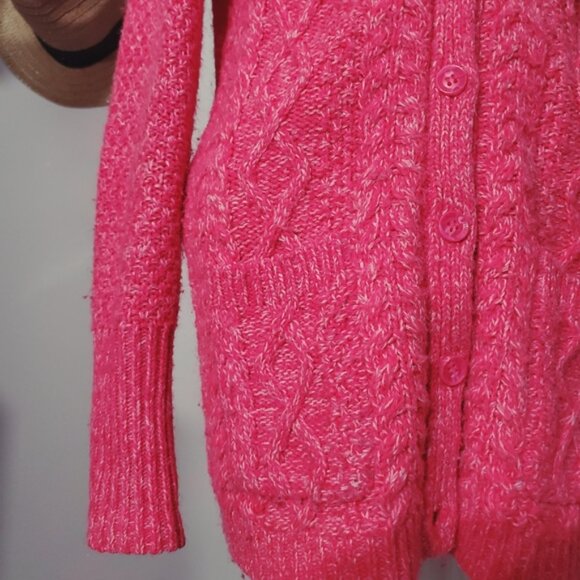 Aéropostale Cable Knit Neon Pink V Neck Midi Cardigan - Picture 6 of 11